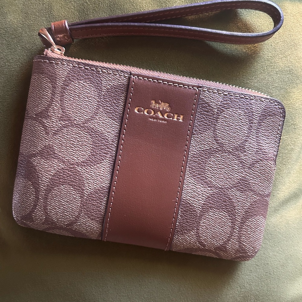 Coach Signature Tan and Brown Wristlet